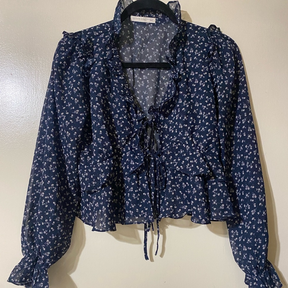 Active USA Navy Floral Ruffle Blouse